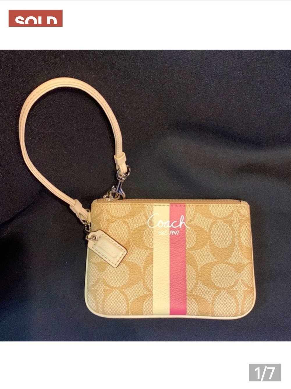 Coach Signature Canvas Wristlet in Tan with Pink & Cream Center Stripe